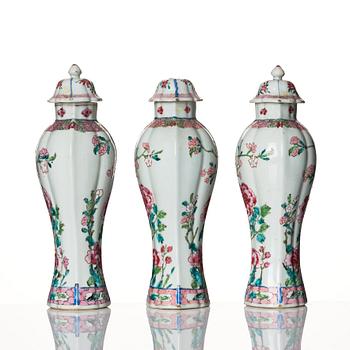 A set of three famille rose vases with covers, Qing dynasty, Qianlong (1736-95).