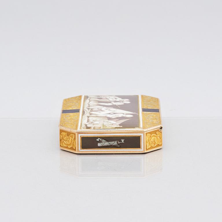 An early 19th century gold and enamel box, unidentified mark M, possibly Switzerland.