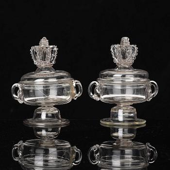 A pair of Swedish butter boxes with covers, Kosta, 18th century.