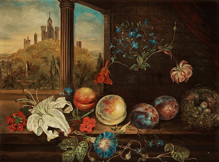 Still life with fruits, flowers and a view of a landscape.