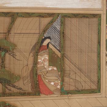 A Japanese six fold screen, Meiji (1868-1912).