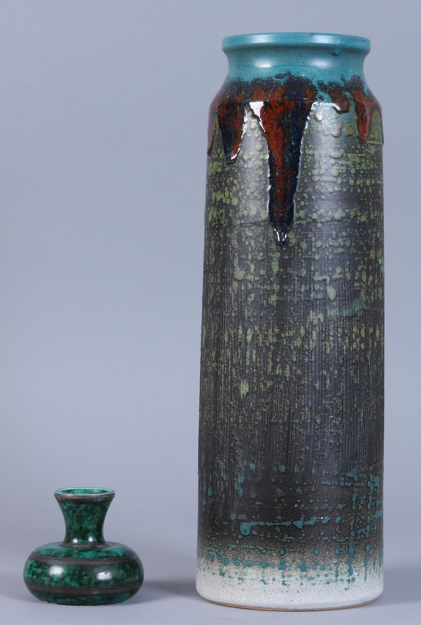 VASER, två st, stengods, "Argenta", Wilhelm Kåge, Gustavsberg samt Tilgmans.