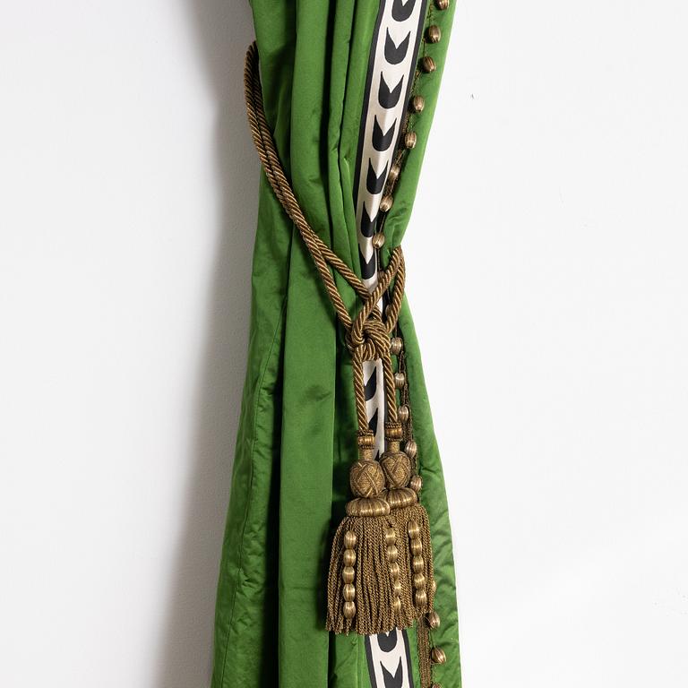Curtains, a pair, green silk with ribbon embroidery.