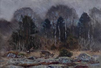 Lindorm Liljefors, Roe deer in a spring winter landscape.