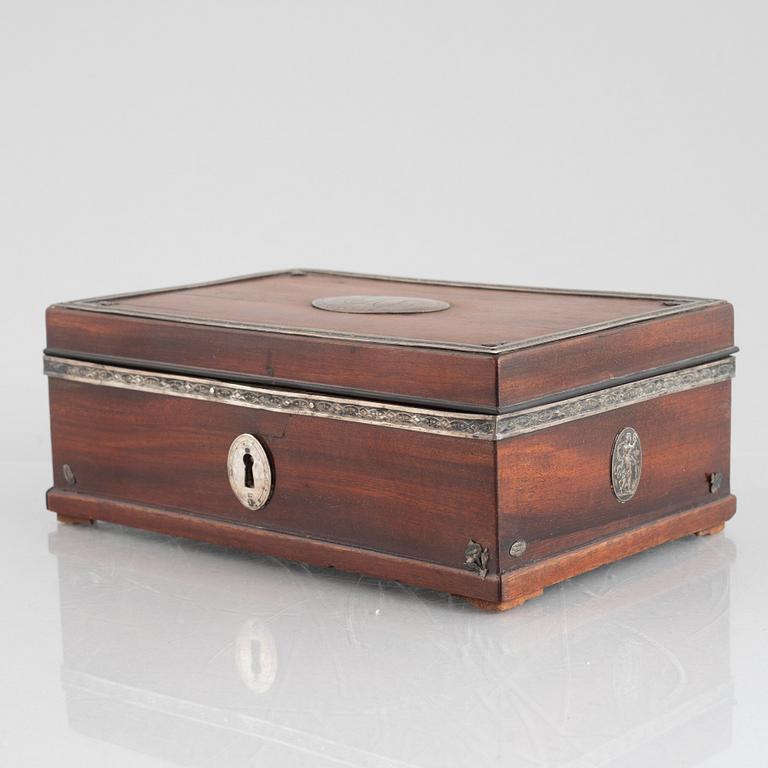 A late gustavian mahogany box with silver mounts by J. P. Möller, Helsingborg, early 19th century.