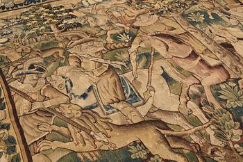 A TAPESTRY, "Lion hunting", tapestry weave, Flanders the middle of the 17th century, possibly Oudenarde, ca 262 x 249 cm.