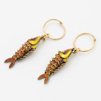 Silver earrings with enamel in the shape of fish.