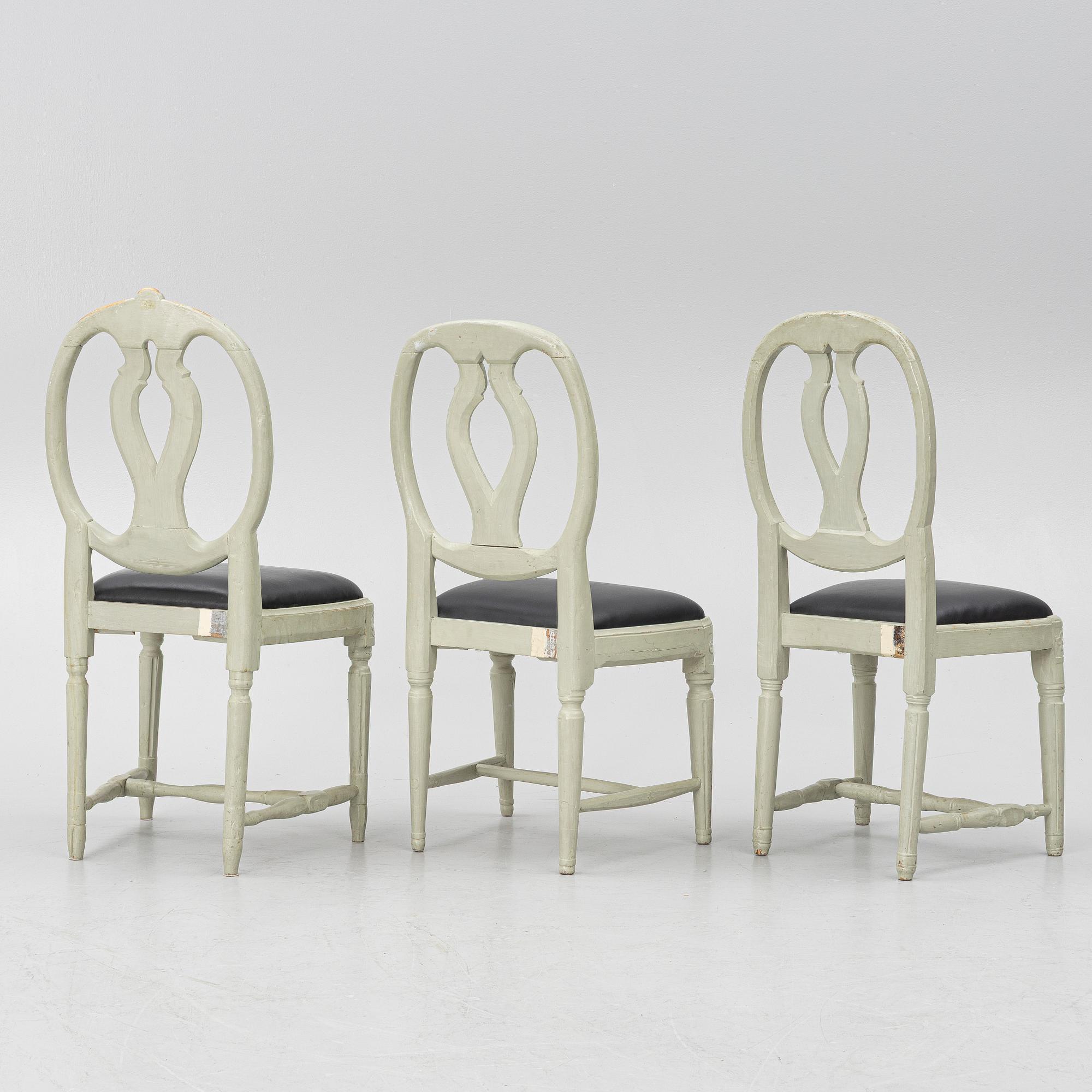 Ten similar Gustavian chairs, Sweden, around the year 1800.