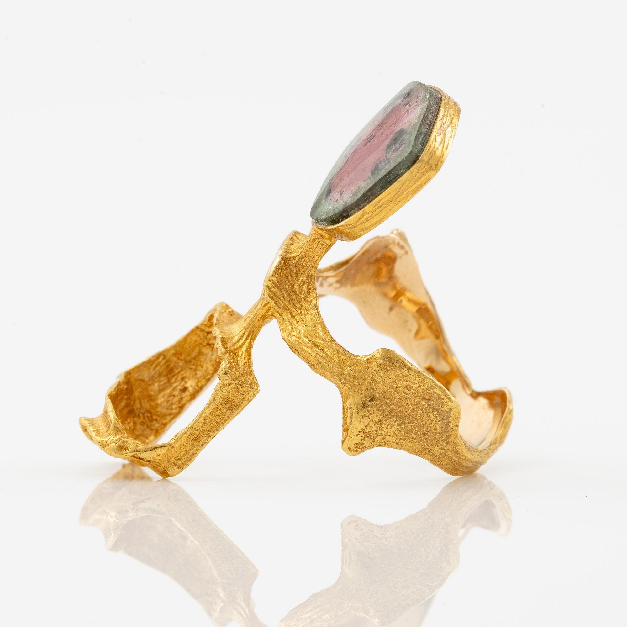 Björn Weckström, a ring, "Heijastus", 14K gold with watermelon tourmaline, Lapponia 1974.