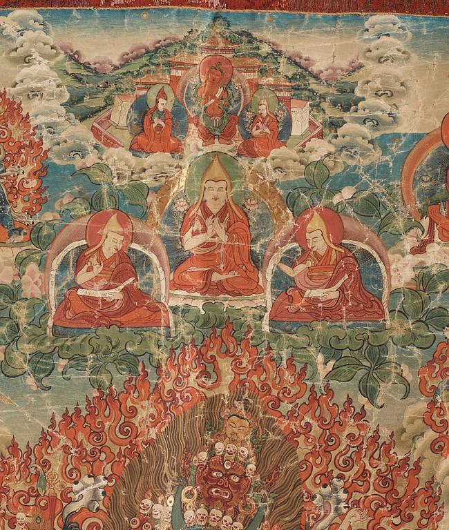A Tibetan thangka of Vajrabhiarava with Tsongkhapa at the top, 19th Century.