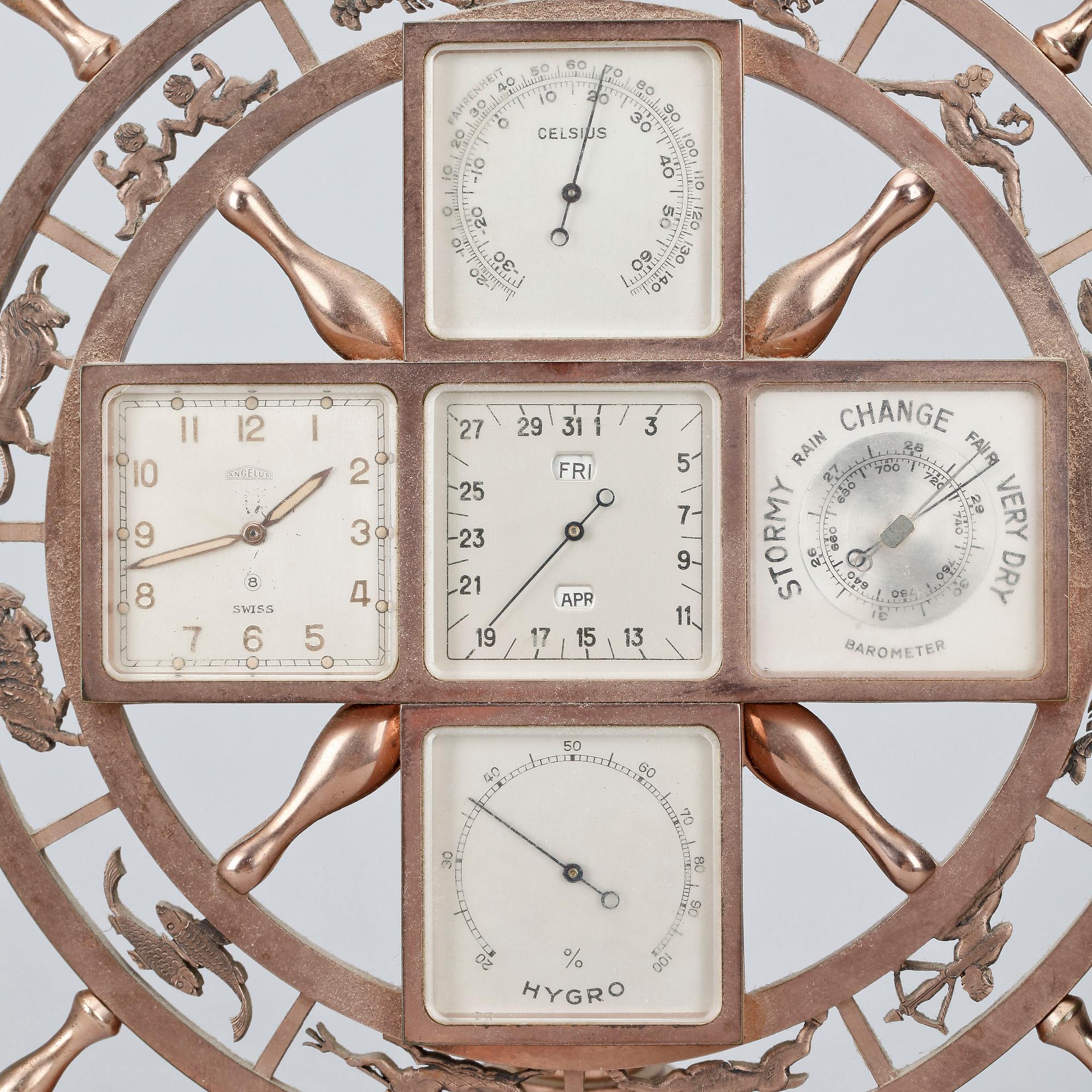 BORDSUR / BAROMETER / TERMOMETER, koppar, 1900-talets andra hälft.