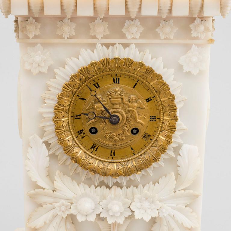 A 19TH CENTURY MANTELPIECE CLOCK.