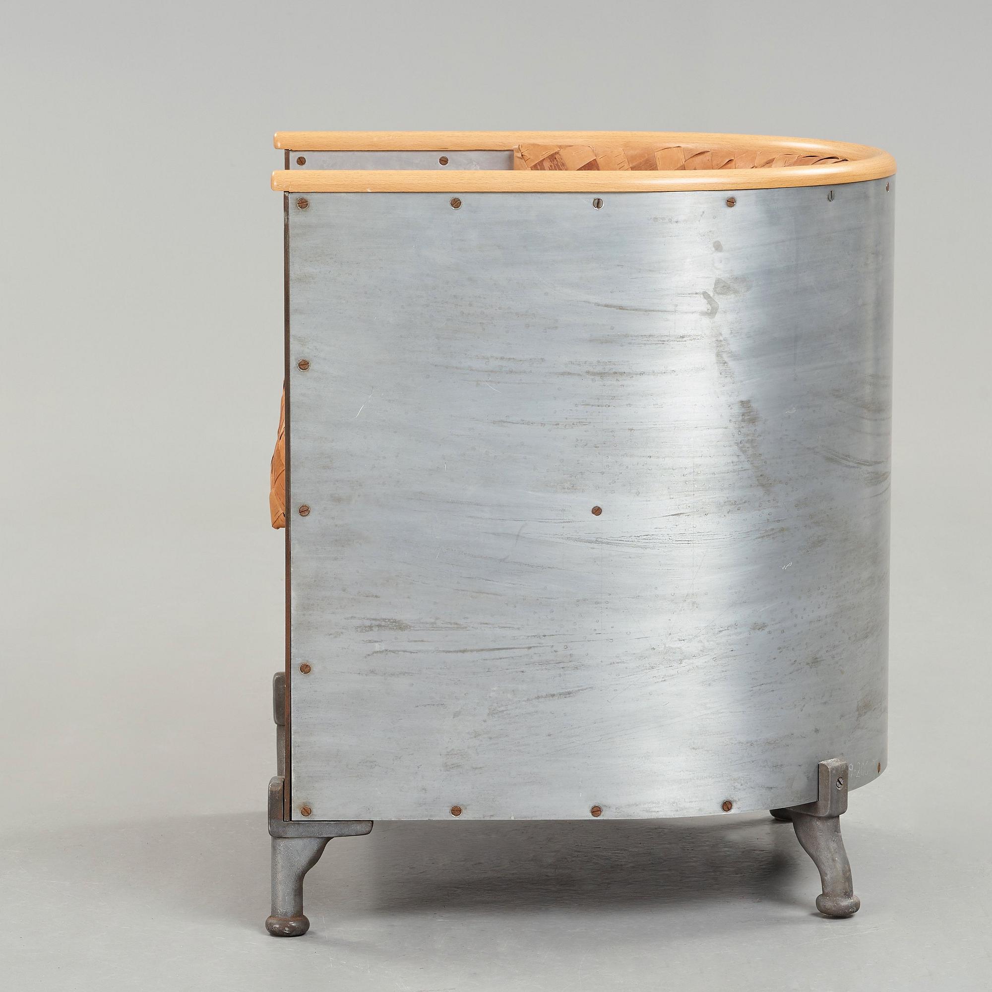 Mats Theselius, an 'Aluminiumfåtölj' easy chair upholstered with plaited birch bark, Källemo 1990.