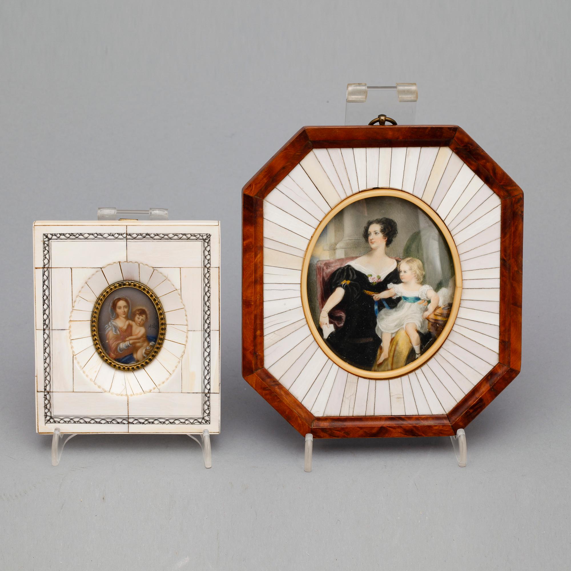 MINIATYRER, 2 st, gouacher, signerade"Lawrence" och "Milly", 18/1900-tal.