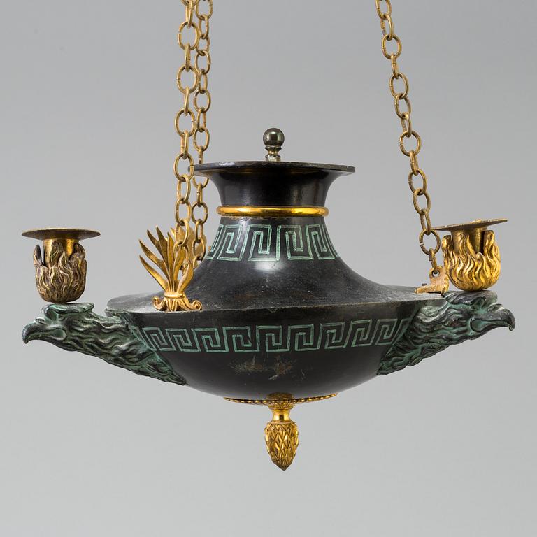 A THREE-LIGHT CEILING LAMP, empire, Stockholm, early 19th century.