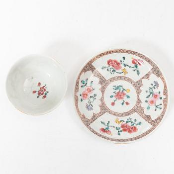 A Chinese famille rose ewer, a a cup with cover, a cup with saucer, a box and a censer, Qing dynasty, 18th and 19th cent.