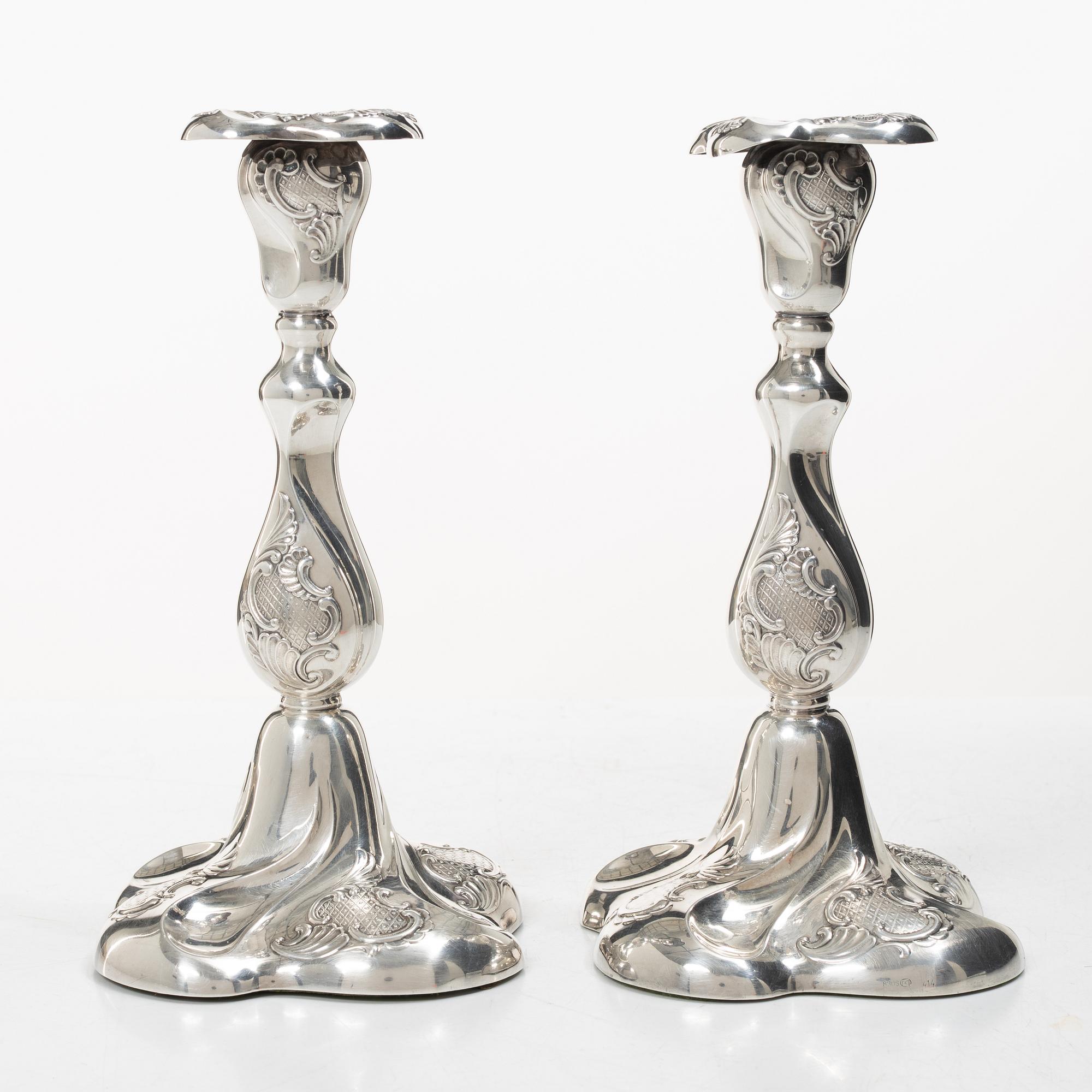 Candlesticks, a pair, silver, Rococo style, Thorvald Marthinsen Sølvvarefabrik, Tönsberg, Norway, 20th century.