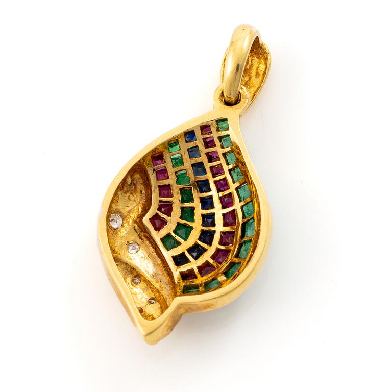 Pendant, 18K gold with emeralds, diamonds, rubies and sapphires.