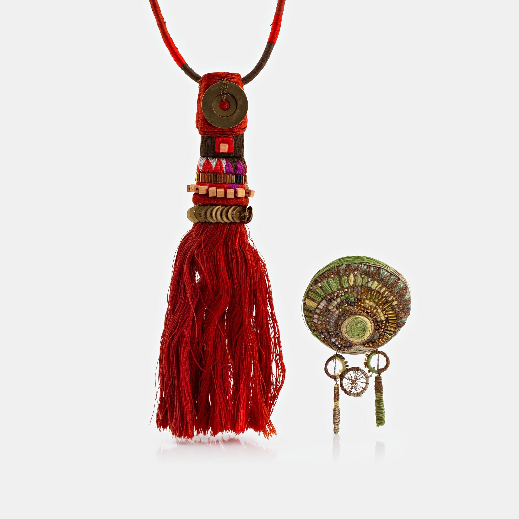 Sonja Hahn-Ekberg, two textile works, a necklace and a brooch, Sweden 1960's.