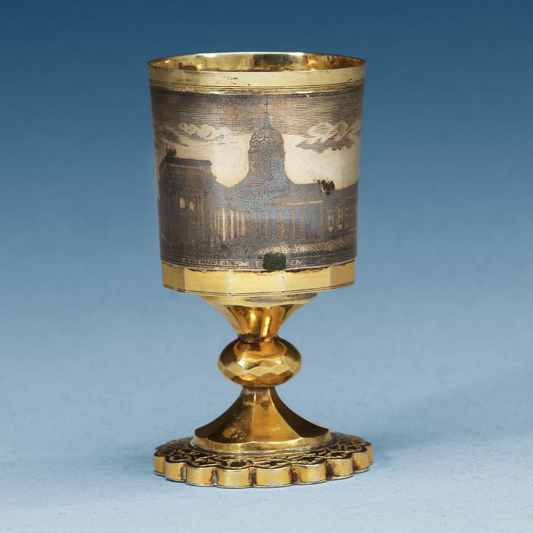 A Russian silver-gilt and niello vodka-cup, makers mark probably of Ivan Sujew, Wologda 1840's.