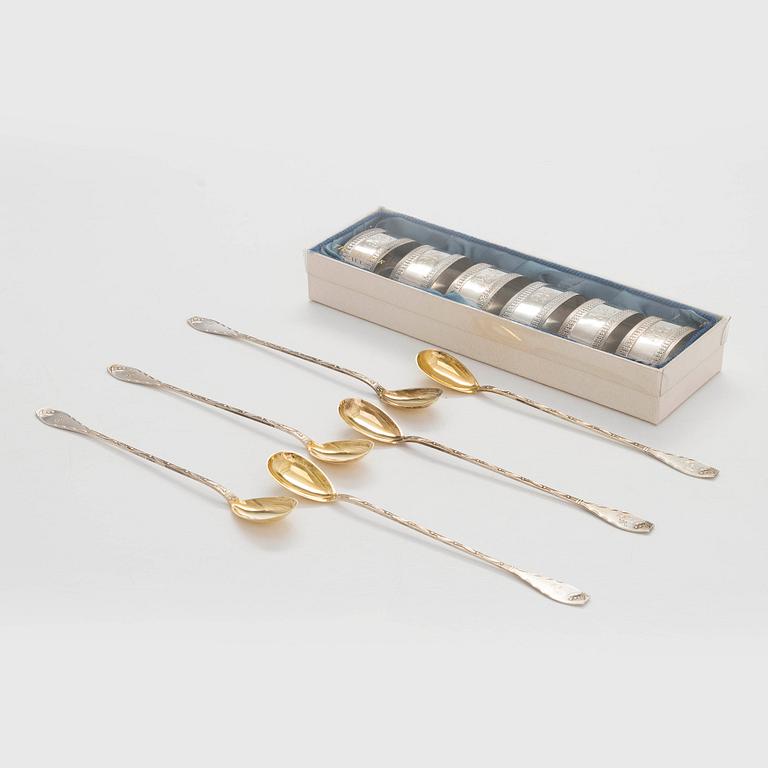 Lautasliinarenkaita 6 kpl, ja cocktaillusikoita, 6 kpl, hopeaa, kaiverrukset, yht. paino 183 g.