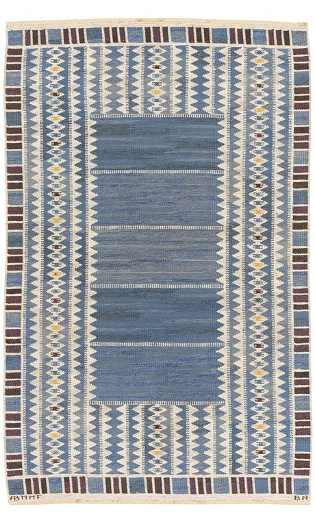 Barbro Nilsson, a carpet, "Salerno blå", flat weave, ca 243 x 156 cm, signed AB MMF BN.