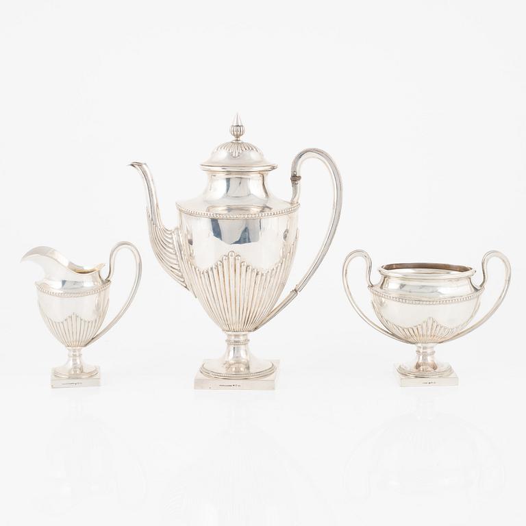 A Swedish Silver Coffee Pot, Creamer and Sugar Bowl, mark of Ludvig Axelson Jr, Stockholm 1899.