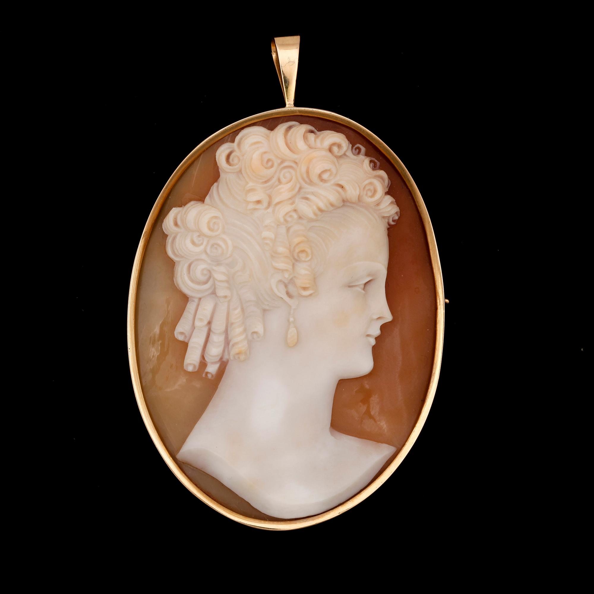 BROSCH / HÄNGE, camé, 18K guld samt snäckskal, Engelbert AB Heribert, Stockholm 1946. Tot vikt ca 15g.