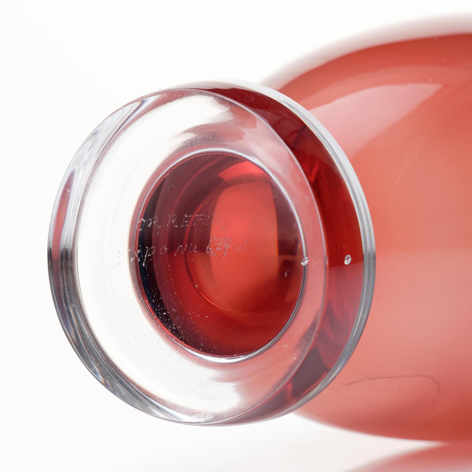 Nils Landberg, a red and green tinted glass vase, Orrefors 1961.