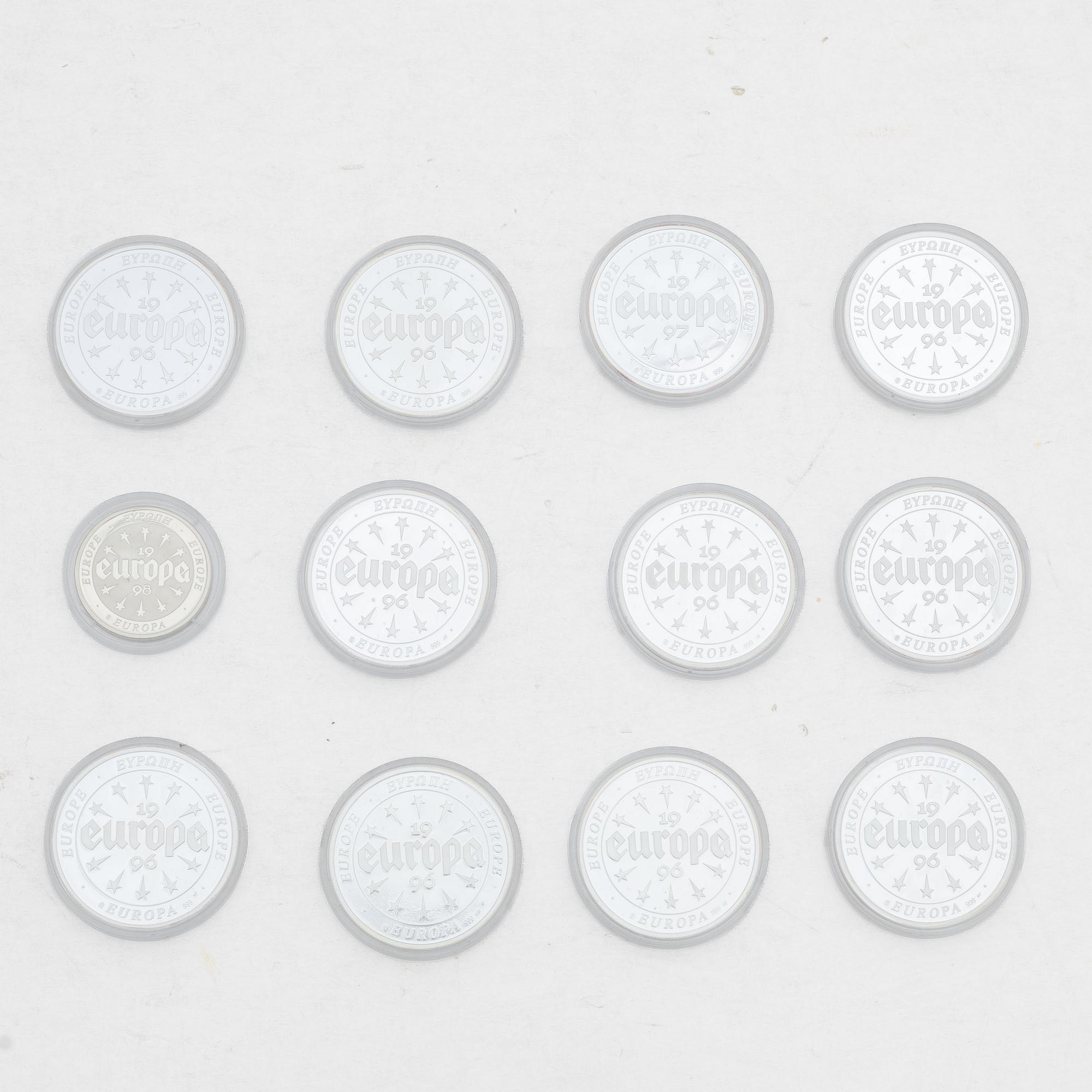 Silver coins, 11 pcs, .999 fine silver, “The First EUROPA Issues”, Skandinaviskt Myntkontor, Göde.
