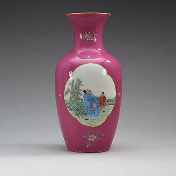 A pink ground famille rose vase, China, 20th Century, with sealmark in red.