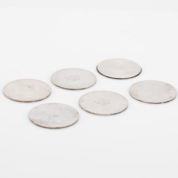 Wiwen Nilsson, glass coasters, 6 pcs., silver, Lund, 1958-63.