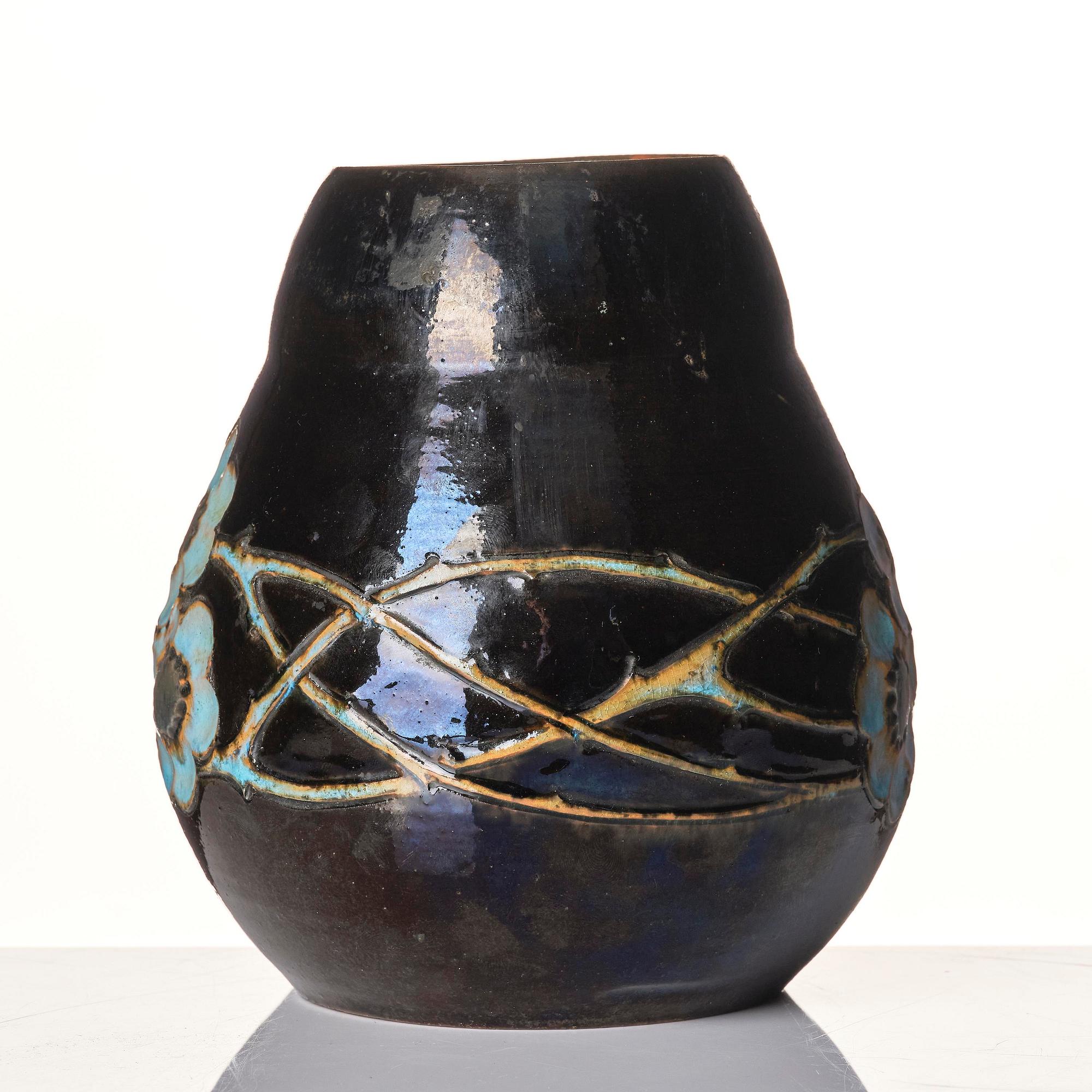 Hilma Persson-Hjelm, a glazed earthenware art nouveau vase, executed in her own studio, Arvika 1918. No 5196.