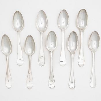 Nine Swedish silver spoons, early 19th century.