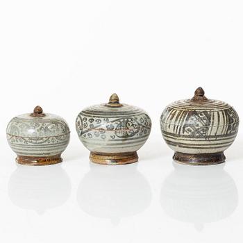 Six ceramic jars with covers, South East Asian, 17th and 19th century.