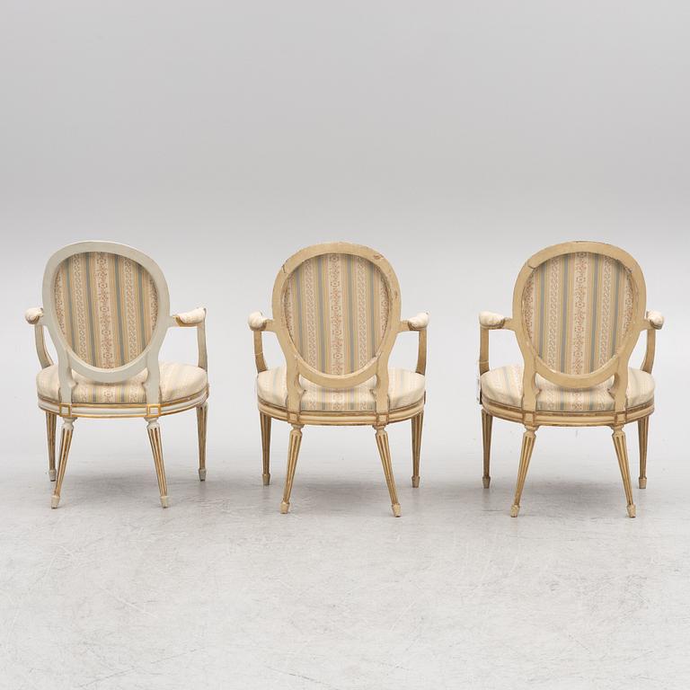 A set of three presumably Danish Louis XVI armchairs, late 18th century.