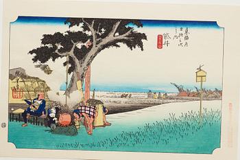 ANDO HIROSHIGE, senare avdrag, mapp, "The fifty-three stations on the tokaido", utgiven av Kata Hanga Kenkyujo.