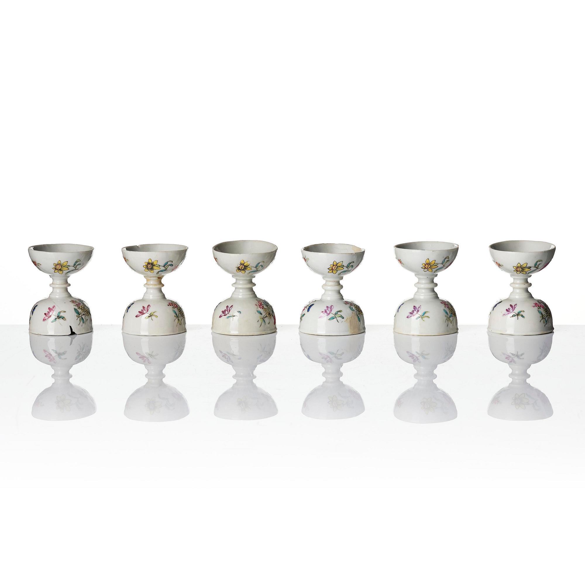 A set of six famille rose egg cups, Qing dynasty, 18th century.