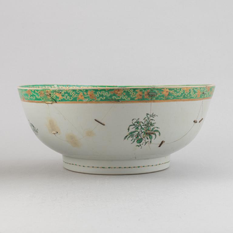 Two large famille rose and gilt punch bowls, Qing dynasty, 18th century.