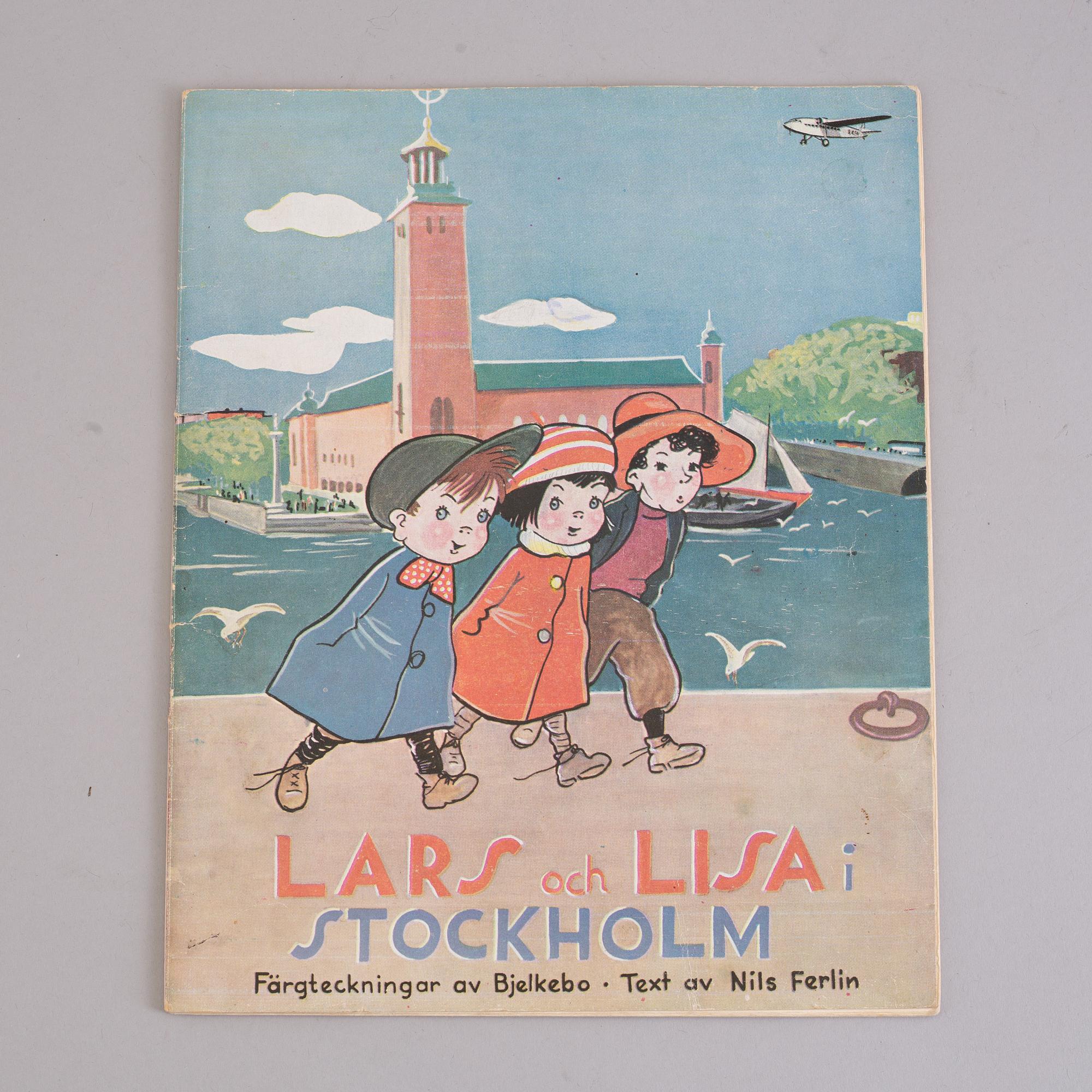 BARNBOK, "Lars och Lisa i Stockholm" med text av Nils Ferlin, färgteckningar av Gösta Bjelkebo, 1937.