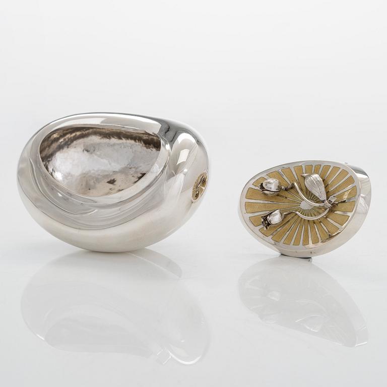 Sugar bowl and spoon, silver and enamel, the bowl by Anita Sarlin. Tillander, Helsinki, 1950.
