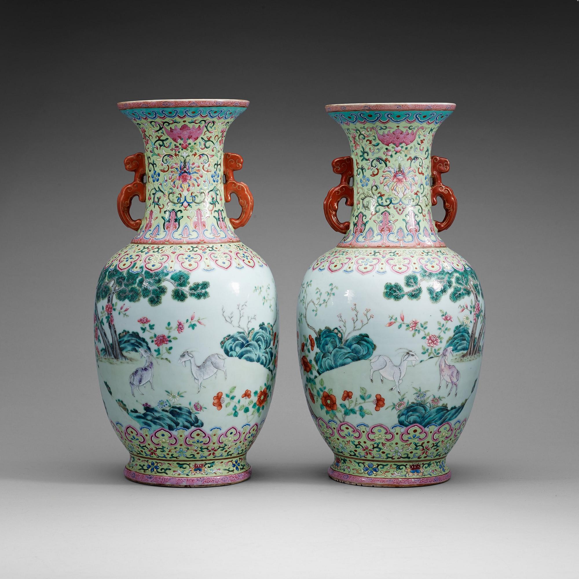 A pair of famille rose vases, Qing dynasty with Qianlong seal mark.