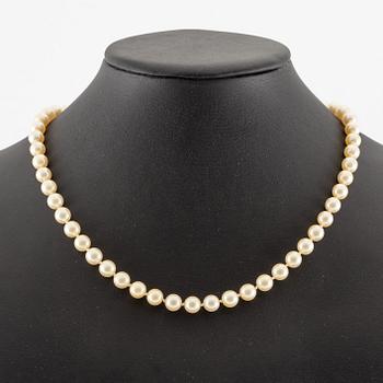 Necklace of cultured pearls with an 18K gold clasp and a cultured pearl.