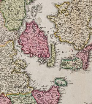 KARTA Regni Daniae, Johan Homann 1700-tal, handkolorerat kopparstick.