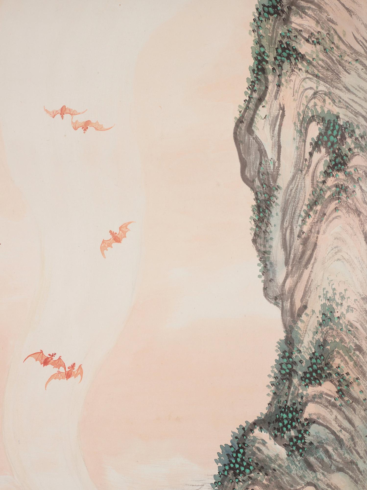 Rullmålning, färg och tusch på papper. Signerad Huang Zhouyuan, samt med dedikation till Na Wufu. Kina, 1930-tal.
