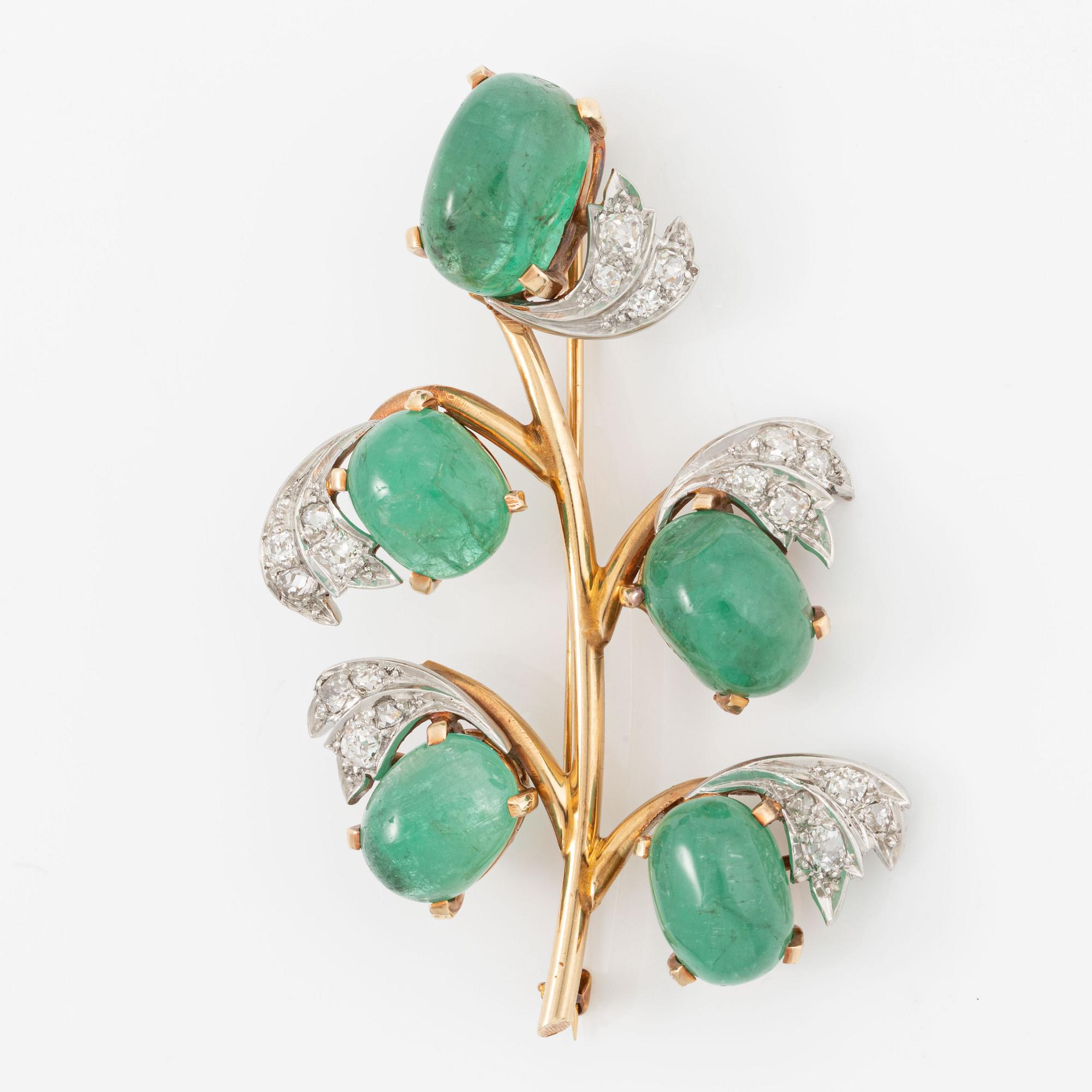 Brooch, 14K gold and platinum set with cabochon-cut emeralds and old-cut diamonds.