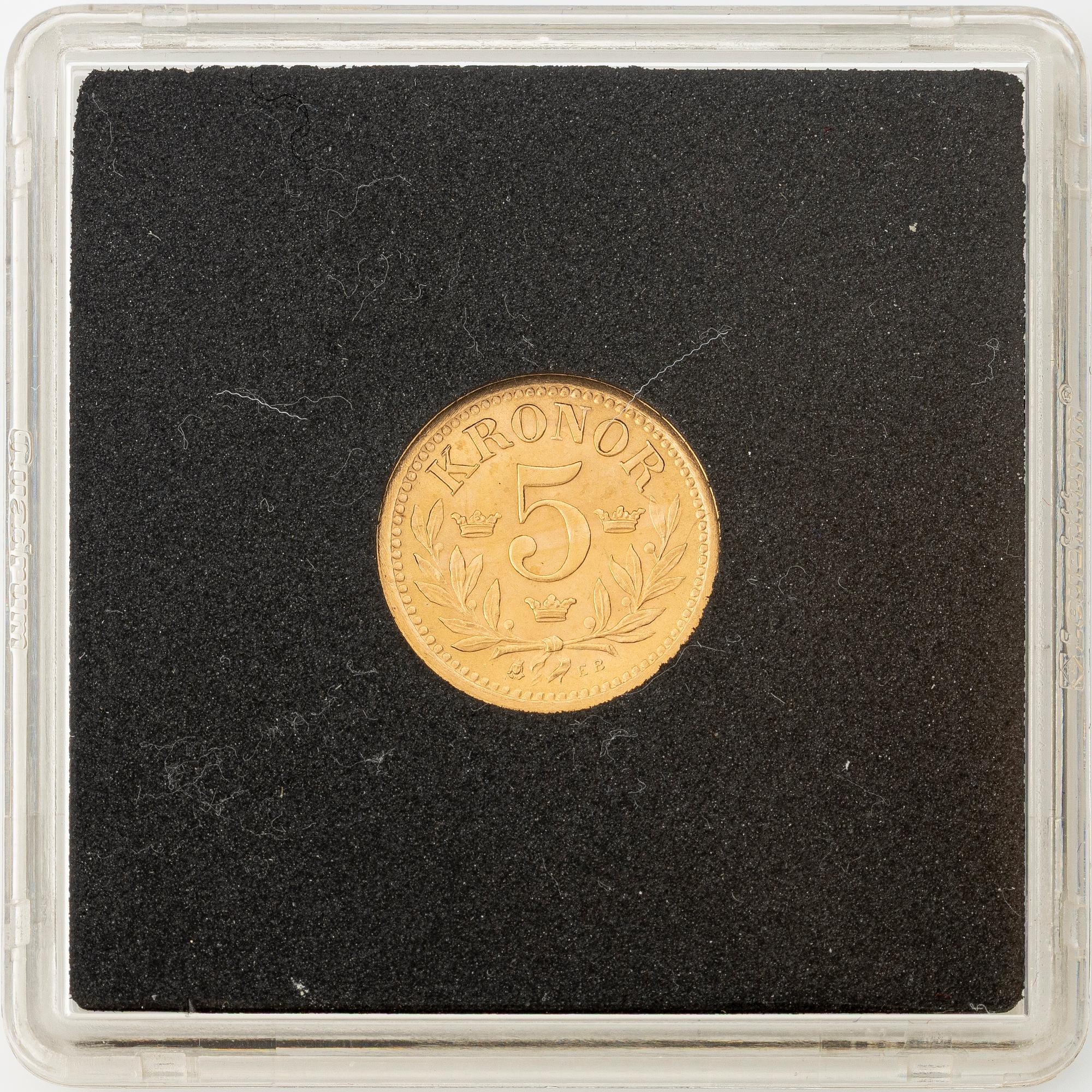 Gold coin, Oscar II, 5 kronor, type II, Sweden 1901.