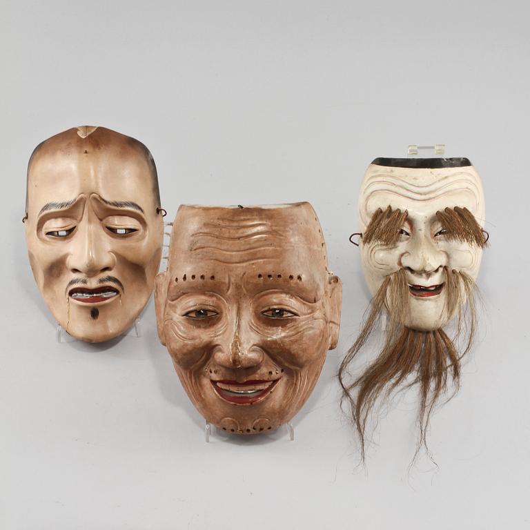 NOH-MASKER, 3 st, Japan, 1900-tal.