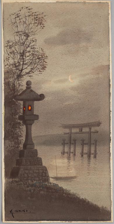 Seki, two watercolours, "Moonlit Temple" and "Bridge in Autumn Landscape", Japan 20th century.