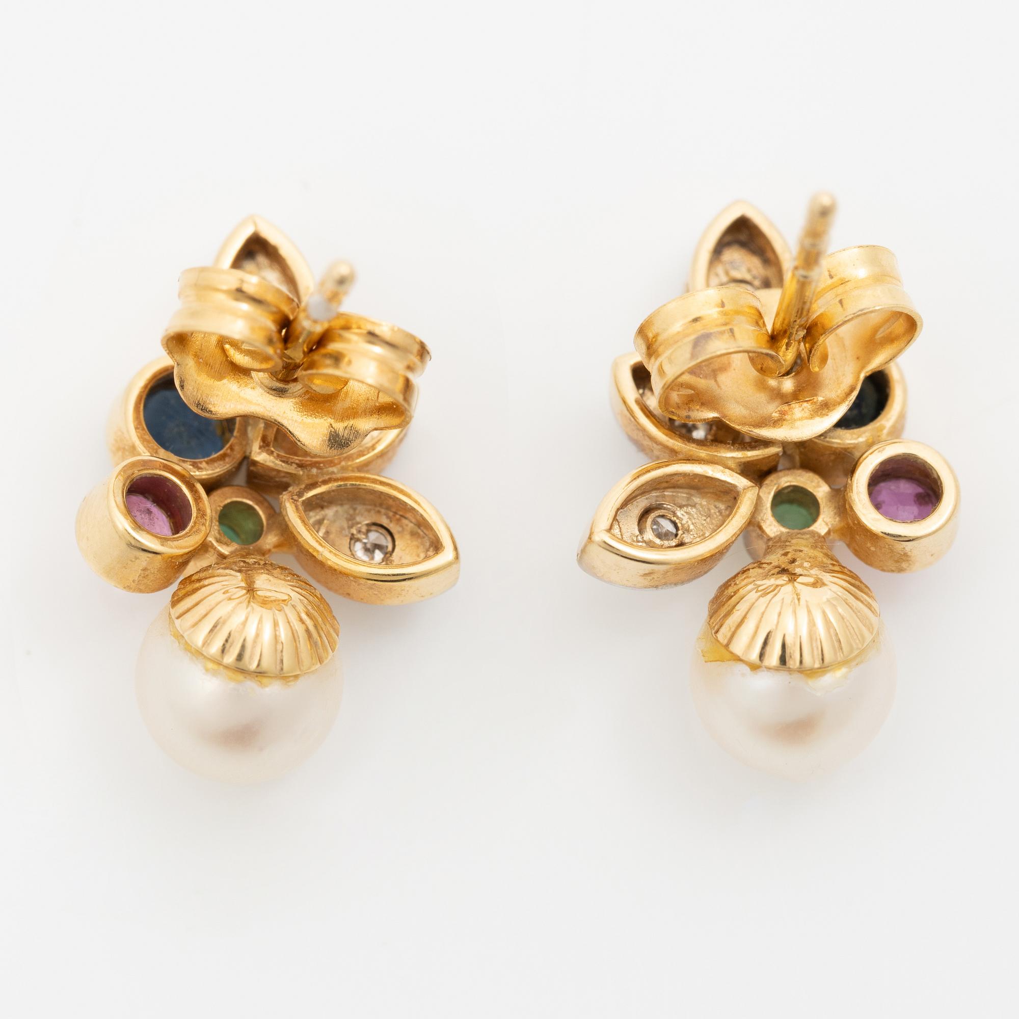 Necklace with matching earrings, 18K gold with pearls, diamonds, emeralds, rubies and sapphires.